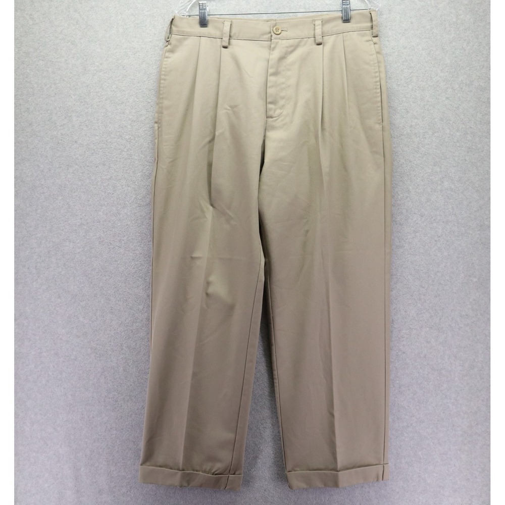 IZOD Pants Mens 33x30 American Chino Business Casual Cuffed Pleated Tan Khaki